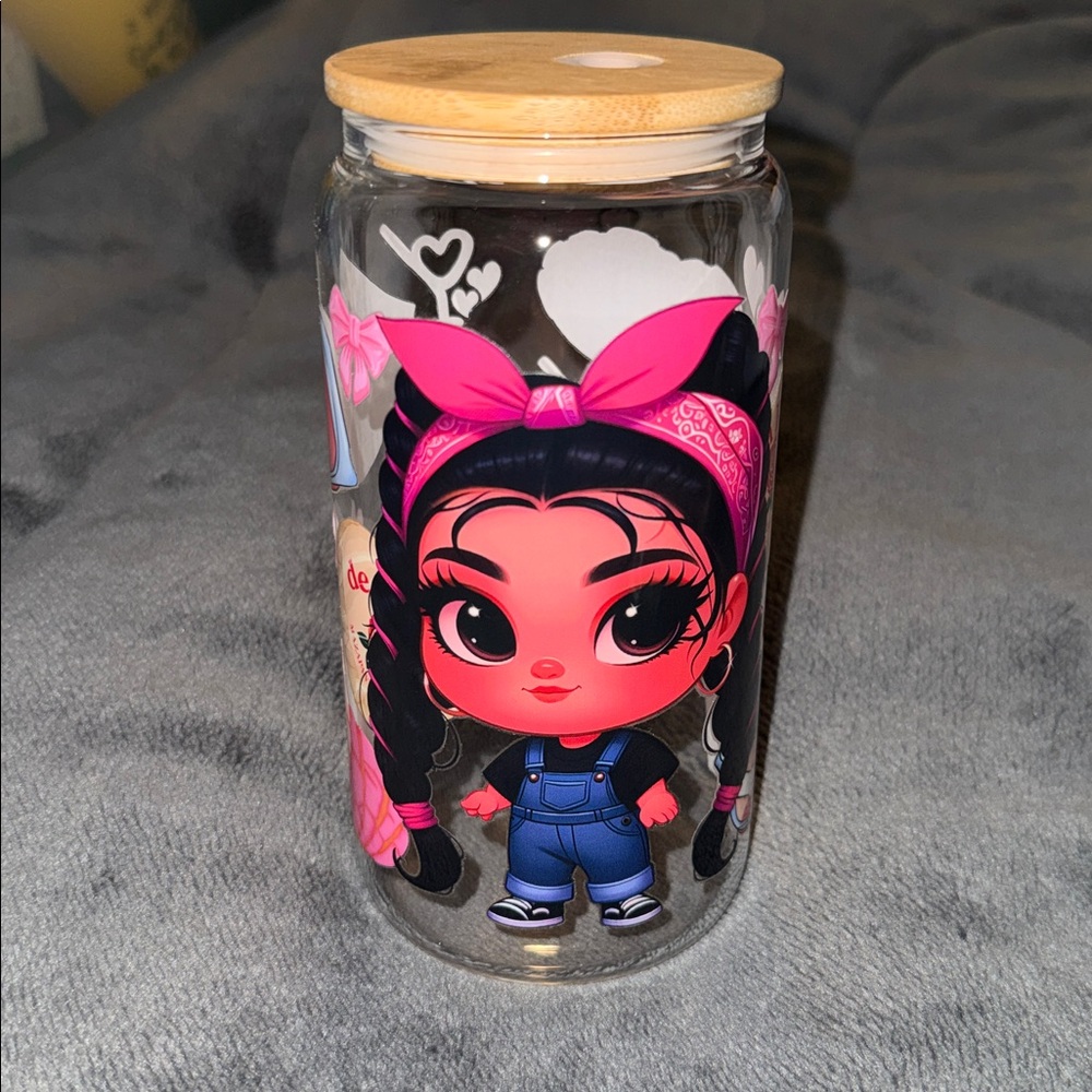 Cute Character Glass Cup with Pink Accents
